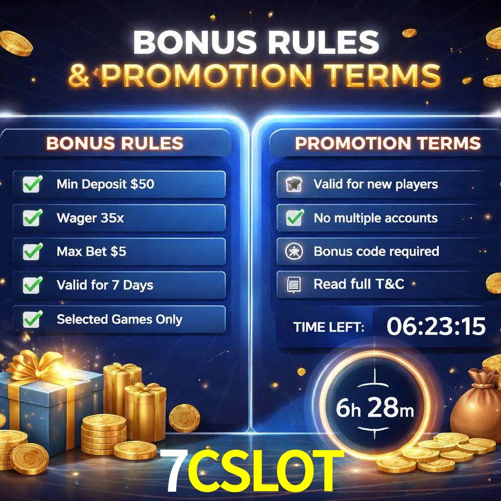 Reglas de promoción 7CSLOT y condiciones de bonos explicadas visualmente