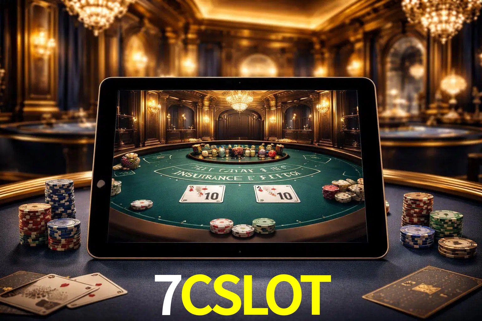 Configuración moderna de casino en vivo con una tableta mostrando una mesa de blackjack, luces cálidas de estudio y una atmósfera elegante de juegos digitales.